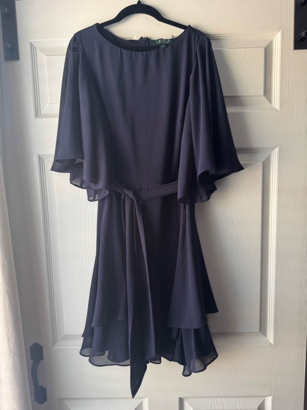 Ralph Lauren Navy Chiffon Layered Dress with Tie Waist
